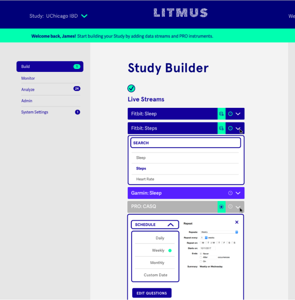 Preview of Litmus Health Trial Builder dashboard showing live data streams, options for building, monitoring and analyzing trials